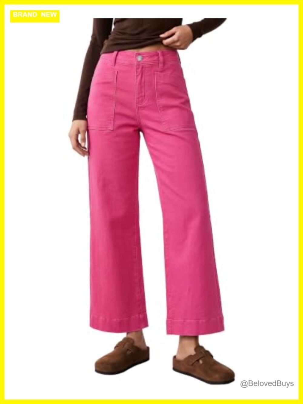High Waisted Wide Leg Ankle Jeans Stretch Denim Zip Button Pockets